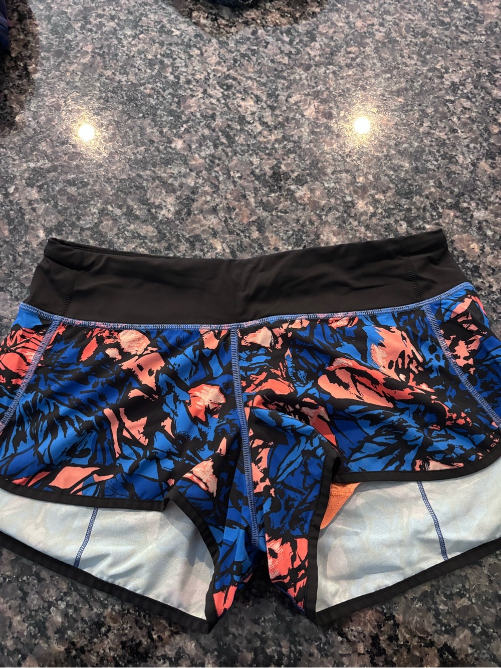 lululemon athletica Blue and Coral Floral Speed Shorts with Black Waistband